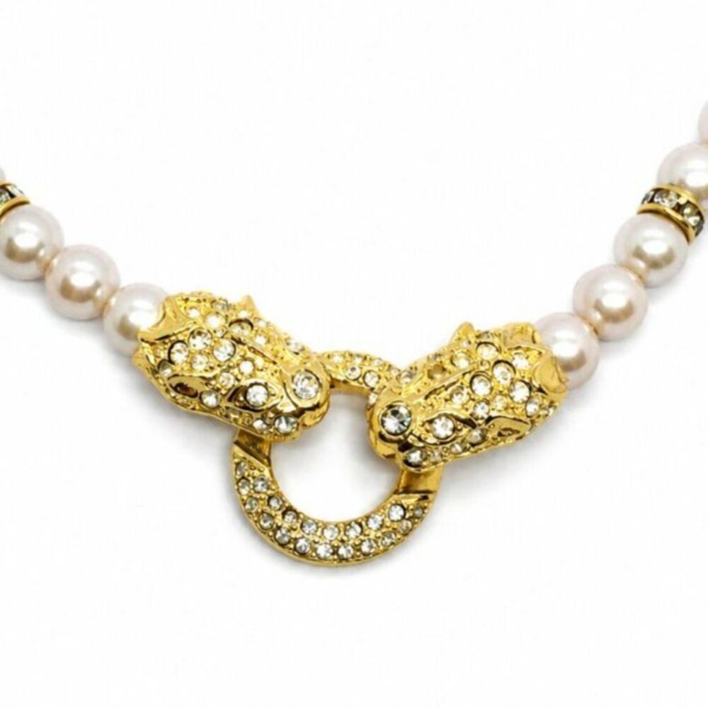 VINTAGE Panther Necklace Faux Pearl Double Head Rhinestone Runway Leopard Gold T